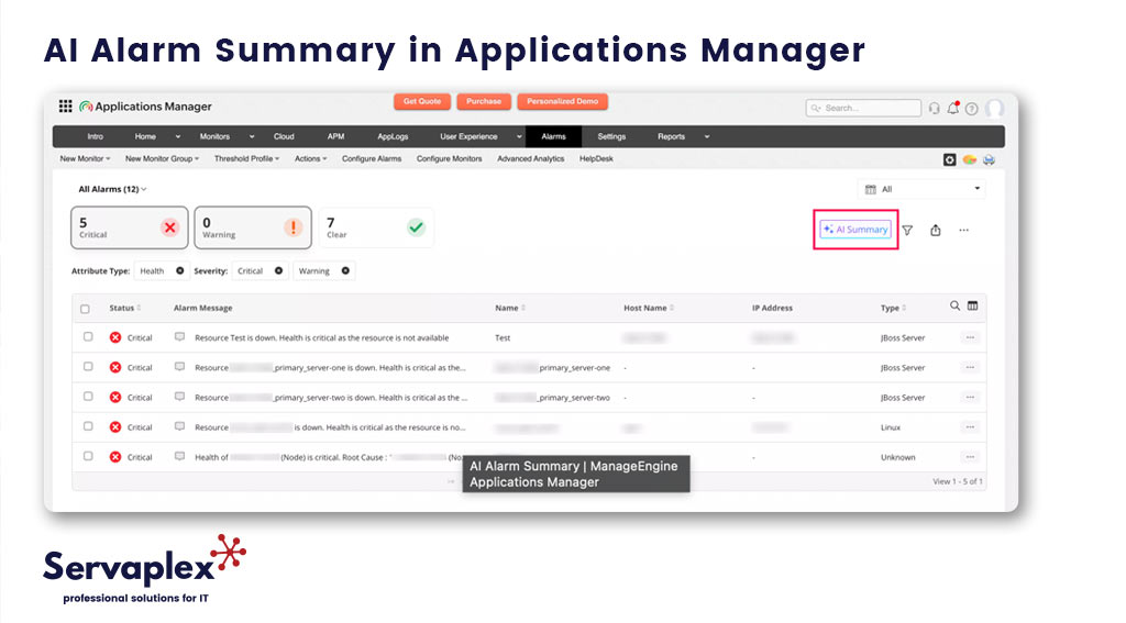 AI Alarm Summary in Applications Manager - Servaplex